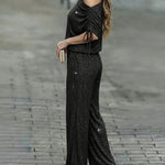Women's Two-Piece Rhinestone Lounge Suit Skew Neck Top and Wide-Leg Pant Set Elegant Commuter Outfit with Pockets