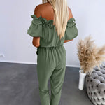 Frill Trim Off Shoulder Short Sleeve Tie Waist Overalls Casual Textured Jumpsuit