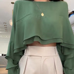 Round Neck Bell Sleeve Crop Top Casual Loose Fit Layered Blouse