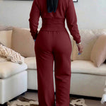 2 Pieces Outfit O-neck Long Sleeve Cinched Waist Sweatshirt and Elastic Waist Wide Leg Pants Set Casual Seam Design Sweatpants Set