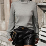 Solid Color High Neck Beaded Sleeves Sweater Versatile Knitwear