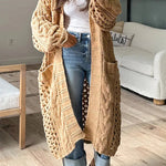 Knit Cable Cotout Long Sleeve Pocket Oversized Midi Cardigan