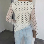 Women's Polka Dot Mesh Top Flare Long Sleeve Boat Neck Lined Asymmetric Frill Hem Blouse Vintage Party Shirt