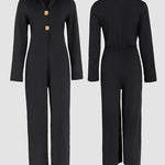 Notched Collar Long Sleeve Button Front Jumpsuit Casual Cinched Waist Wide Leg Faux Two Piece Jumpsuit
