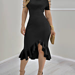 Cold Shoulder Beaded Slit Bodycon Dress Ruffle Hem Zipper Back Party Dress