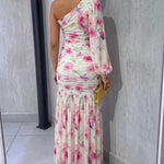 Women's Floral One Shoulder Evening Dress Elegant Lantern Sleeve Ruched Maxi Gown Casual Sheer Mesh Mermaid Dress