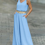 2 Pieces Outfit V-Neck Shoulder Bowknot Design Sleeveless Tank Top and Casual Zipper Fly Elastic Back Waist Wide Leg Pants Set without Belt