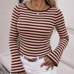 Women's Striped Boat Neck Ribbed Flare Sleeve Top Slim Fit Ruched Pullover