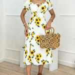 Women's Sunflower Print Midi Dress Puff Sleeve Tie Neck Sundress Shirred Back Slit A-Line Vacation Dress with Lining