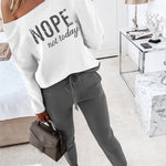 2 Pieces Outfit NOPE. not today Slogan Print Skew Neck Long Sleeve Pullover Top and Casual Drawstring Stretchy Waist Slim Fit Pants Set