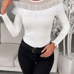 Women's Ruffle Sheer Mesh Spliced Long Sleeve Ribbed Knit Top