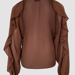 V Neck Shoulder Ruffles Design Blouse Casual Button Front Long Sleeve Top
