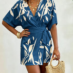 Women's Tropical Plant Print Romper Casual V-Neck Wrap Knot Side Skorts Romper Batwing Sleeve Short Jumpsuit