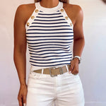 Women's Halter Neck Tank Top Striped Sleeveless Gold Button Contrast Binding Knit Top