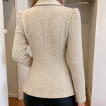 Women's Elegant Argyle Textured Blazer Slim Fit Puff Sleeve Suit Jacket Gold Button Work Office Commuter Blazer with Pockets