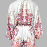 2 Pieces Outfit Floral Placement Print Stand Collar Button Button Front Lantern Sleeve Top and Casual Elastic Back Waist Shorts Set with Belt