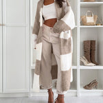 Women's Checkerboard Knit Cardigan Oversized Long Chunky Sweater Loose Lantern Sleeve Coat with Pockets