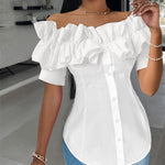 Ruffles Off Shoulder Short Sleeve Button Front Blouse Asymmetrical Hem Top