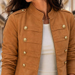 Women's Suede Crop Bomber Jacket Casual Stand Collar Double Breasted Gold Button Coat