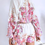 2 Pieces Outfit Floral Placement Print Stand Collar Button Button Front Lantern Sleeve Top and Casual Elastic Back Waist Shorts Set with Belt
