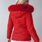 Zipper Pocket Design Shirred Fuzzy Trim Fleece Lined Hooded Puffer Jacket