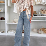 Women's High Waist Seam Detail Washed Wide Leg Cropped Jeans