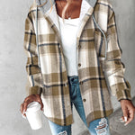 Plaid Print Button Front Pocket Design Drawstring Hoodie Jacket Casual Asymmetrical Hem Thermal Lined Shirt Coat