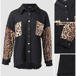 Contrast Sequin Leopard Print Spliced Turn-down Collar Button Front Denim Jacket Casual Pockets Design Raw Hem Coat