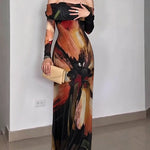 Women's Oil Painting Print Foldover Off-Shoulder Mesh Overlay Maxi Dress Long SleeveRuched Mermaid Long Dress