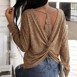 Women's Long Sleeve Knit Top Backless Twist Lace Panel Casual Tee