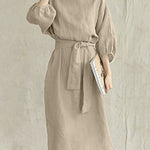 Mid Length High Waist Lace Up Dress Mid Sleeve Cotton Linen Round Neck Dress