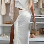 Comfortable Stylish Round Neck Sleeveless Casual Top and Elastic Waist Ruched Tie Slit Midi Skirt Set