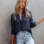 Nadorine Long Sleeve Button Up Shirt Summer Sheer Tulle Top for Women Casual Loose Business Casual 2026 | Under