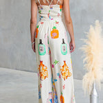Adjustable Strap Tie Knot Front Unique Print Wide Leg Jumpsuit