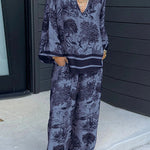 Margovil Lapel V Neck Long Sleeves Shirt Wide Leg Pants Printed Casual Set