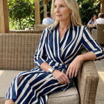 Leya | Long Sleeve Collared Wrap Stripe Pattern Midi Dress