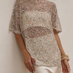 Crewneck Half Sleeves Crochet Hollow Out Sequin Top