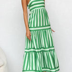 Margovil Spaghetti Strap Tiered Color Block Striped Maxi Dress