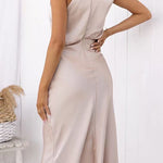 High Neck Sleeveless Waisted Satin Midi Dress