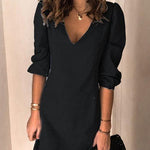 Margovil V Neck Cuff Sleeve Solid Mini Dress