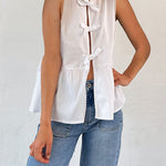Margovil Crewneck Sleeveless Striped Ruffle Bow Top