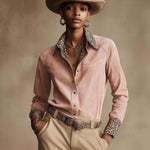 Western Retro Leopard Print Pink Faux Suede Long-Sleeve Shirt