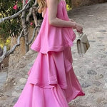 Margovil Spaghetti Strap Ruffle Layered Satin Maxi Dress