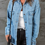 Margovil Pearls Beading Raw Hem Distressed Denim Shirt Jacket