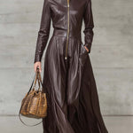 Exquisite Temperament Front Zipper Long Sleeve High-quality Brown Leather Maxi Dress
