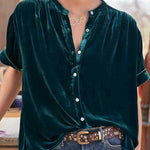 Velvet Solid Short Sleeve Round Neck Single Breasted Shirt