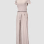 Two Piece Outfit Short Sleeve Crop Top and Wide Leg Pant Set