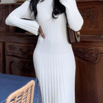 Long Sleeve Dress Crew-Neck Knit Maxi Dress Ribbed Elegant Long High Waist Pleated Dresses
