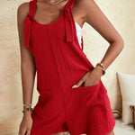 Knot Front Pocket Patched Overall Shorts Romper Without Tube Top Jumpsuits