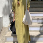 Oversized Button Down Maxi Shirt Dress Short Sleeve Side Split Casual Loose Solid Tunic Dress